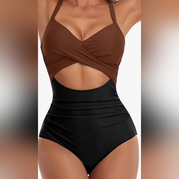 41.🆕Small Blk & Brown High Waist Swimsuit With Cut Out Design & Wrap Tie NWT - Picture 1 of 4